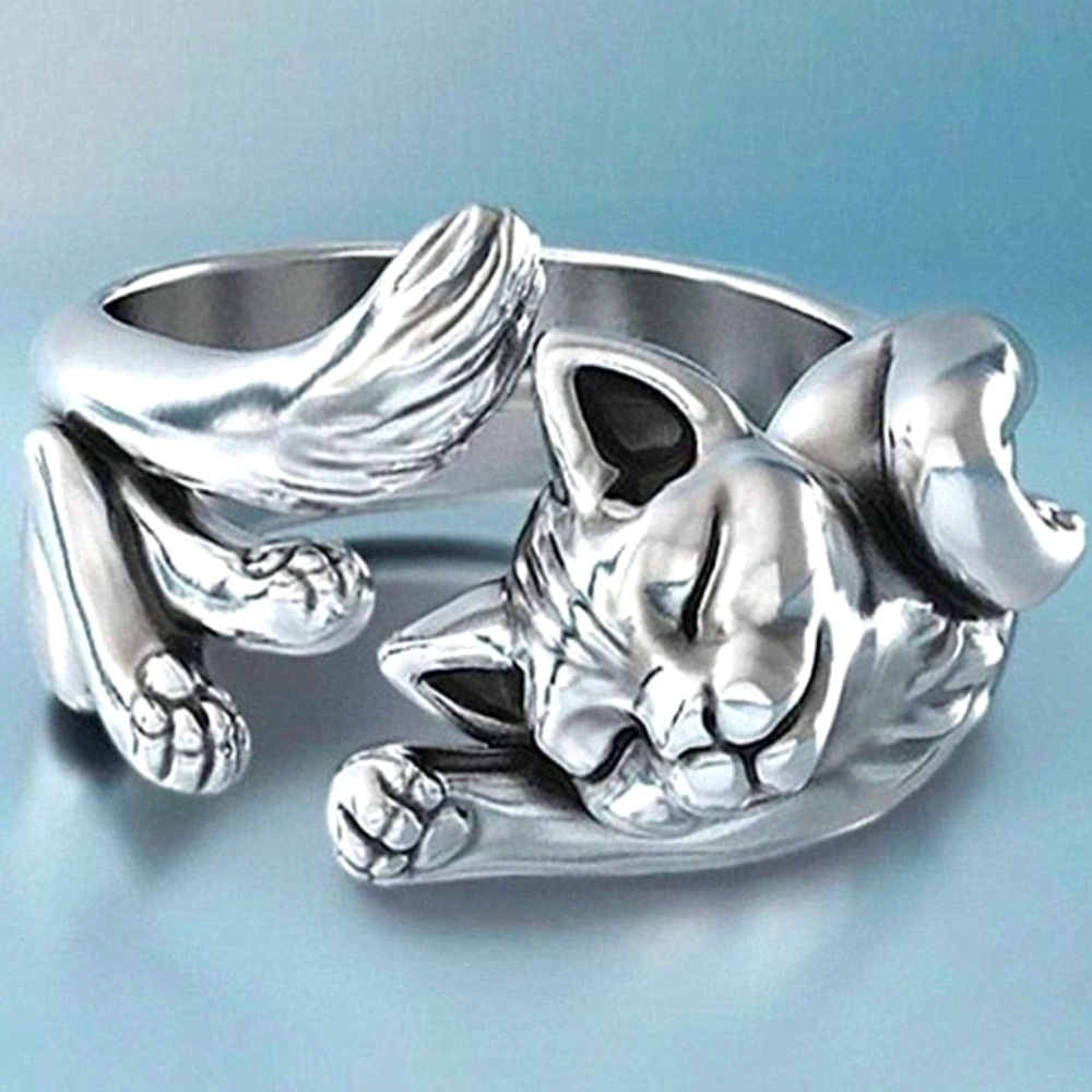 Open Adjustable Silver Cat Ring